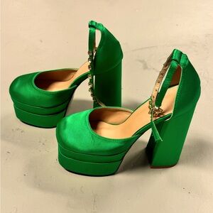 Emerald green satin double platform heels